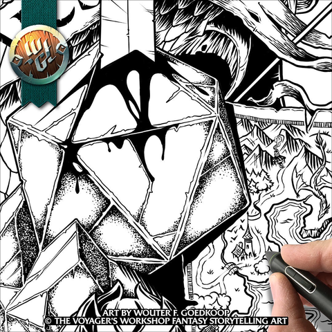 Close up on a digitally inked illustration where we can see a polyhedral shaped stone and a fantasy map.