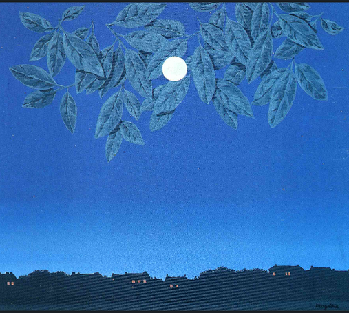 Massive blueish sky as a full background, a silver moon in the middle above, flanked by white-ish tree branches. Along the bottom a dark silhouette of houses in the distance with a few yellow window lights.