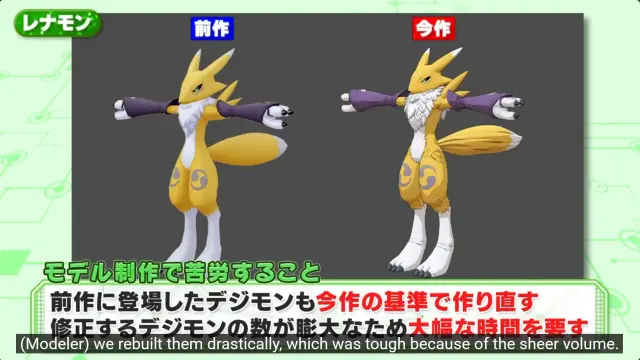 Screenshot from Terriermon Assistant video showing a comparison of Renamon Cybersleuth/Hacker's Memory model with the future model in Time Stranger