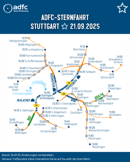 Karte der Sternfahrt 2025-09-21 mit Abfahrtszeiten