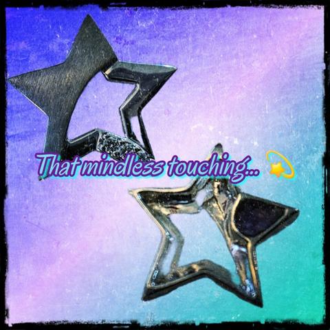 Two views—front and back—of a white gold star-shaped pendant with a hollow center, partly filled with purple resin containing small ash specks, set against a purple-to-teal gradient background with the text “That mindless touching…” and a shooting star emoji.