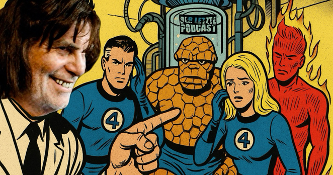 Dr. Tobi Erdmann von Der Letzte Podcast lacht in dieser satirischen Parodiedarstellung die Fantastic Four von Marvel Comics aus. K.I.-generiertes Coverbild von Der Letzte Podcast Folge 524.