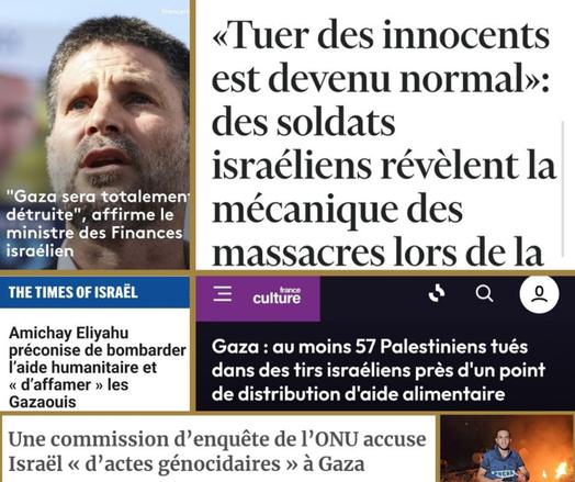 Fragments de captures d'écran des articles de médias cités dans le texte, dont en titre la citation de soldats israéliens "Tuer des innocents est devenu normal".