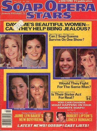 Cover of Soap Opera Stars magazine, March issue, featuring the headline “Daytime’s Beautiful Women—Can They Help Being Jealous?” Highlights rivalries and romantic entanglements across Days of Our Lives, General Hospital, Young & Restless, and As The World Turns. Includes photos of Deidre Hall, Susan Seaforth Hayes, Genie Francis, Jackie Zeman, Victoria Mallory, Lynne Topping, and Jaime Lyn Bauer. Subheadings tease soap queen clashes, sisterly tension, and lonely romances. The layout evokes tabloid drama with operatic flair