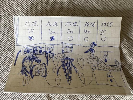 Eine Übersicht der Wochentage bis Dienstag. Freitag und Samstag sind schon angekreuzt. Darunter eine Kinderzeichnung 
mit einem Mädchen in einem Klassenzimmer. Einer Schultüte und vielen Herzen.