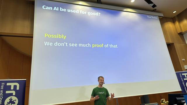 Slide asking: “Can AI be used for good?” Answering: “Possibly. We don’t see much proof of that.”
Daniel Stenberg stands in front of the slides