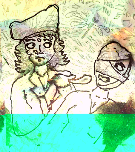 Griboullis d'un personnage aidant un autre personnage blessé à manger.