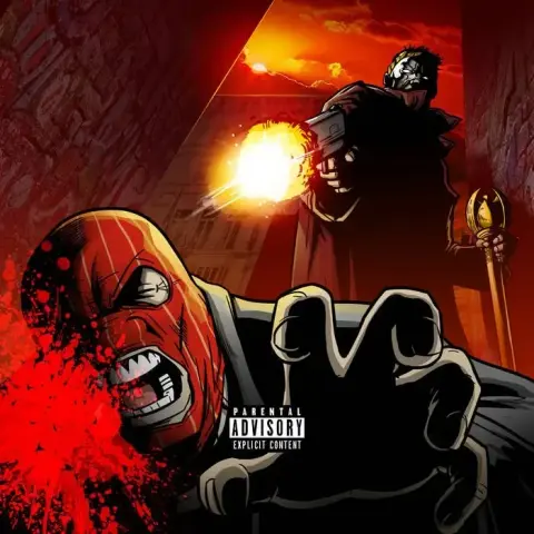 Observe Since 98 – Muerte de un Salvaje — Bold comic book–style illustration showing a masked figure being shot at close range, with blood splattering across the frame. In the background, a menacing gunman stands under a fiery sunset, holding a pistol mid-flash and a staff in his other hand. The dramatic perspective, heavy shadows, and graphic violence give the artwork a gritty, pulp-noir feel reminiscent of crime comics and graphic novels.