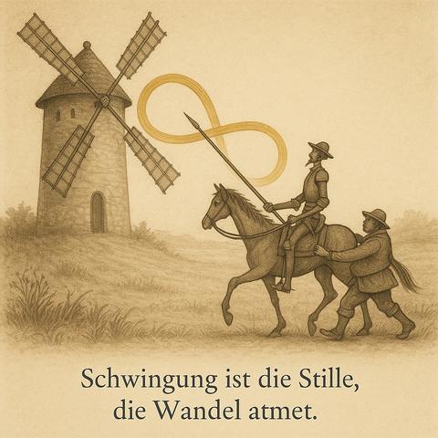 Bildbeschreibung (Deutsch)
Das Bild zeigt Don Quixote auf seinem Pferd, den Speer gegen eine Windmühle gerichtet, während Sancho Panza versucht, ihn zurückzuhalten. Doch aus den Mühlenflügeln entfaltet sich ein goldenes Schwingungssymbol, das an die Unendlichkeit erinnert - Sinnbild dafür, dass Traum und Wirklichkeit in Resonanz geraten. Don Quixote steht hier für die Sehnsucht nach dem Höheren, Sancho Panza für die Erdung, und beide verkörpern gemeinsam die Schwingung zwischen Ideal und Realität. Wer diese Szene liest - in der Weltliteratur wie in der Ontologie der Schwingung - entdeckt, dass Menschsein immer ein Atemzug zwischen Illusion und Wahrheit ist.
Buchempfehlung: „Don Quixote" von Miguel de Cervantes - ein Meisterwerk, das noch heute lehrt, wie tief Traum und Realität miteinander verwoben sind.🖖