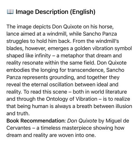 Image Description (English)
The image depicts Don Quixote on his horse, lance aimed at a windmill, while Sancho Panza struggles to hold him back. From the windmill's blades, however, emerges a golden vibration symbol shaped like infinity - a metaphor that dream and reality resonate within the same field. Don Quixote embodies the longing for transcendence, Sancho Panza represents grounding, and together they reveal the eternal oscillation between ideal and reality. To read this scene - both in world literature and through the Ontology of Vibration - is to realize that being human is always a breath between illusion and truth.
Book Recommendation: Don Quixote by Miguel de Cervantes - a timeless masterpiece showing how dream and reality are woven into one.🖖