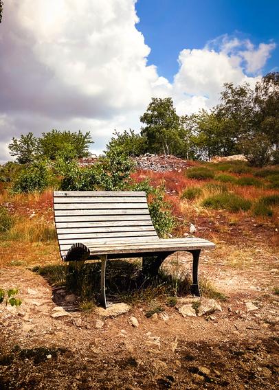 Eine geschwungene Liege-Sitzbank aus Holz in Heidelandschaft. Die Bank ist leicht schräg von vorne aufgenommen. Sie steht mitten in in unterschiedlicher Vegetation auf einem ansteigenden Felsuntergrund. Um sie herum ein Boden aus Steinen, Sand und leichtem Kies. Rechts im Hintergrund wachsen Birken. Der Himmel ist zum Teil bewölt, ansonsten strahlend blau.