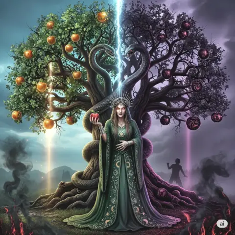 generata AI  albero dell’Eden, bene e male ed eva raffigurata come una strega