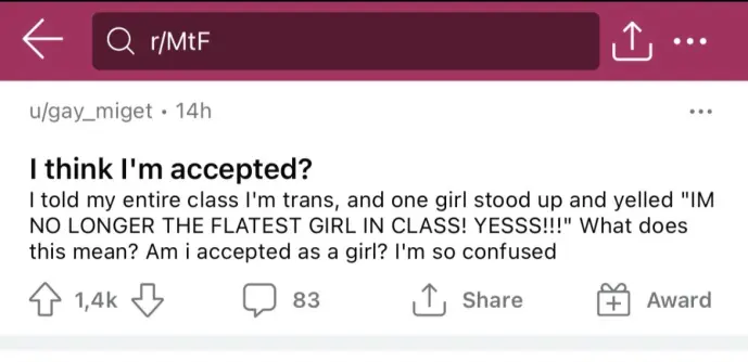 Post on r/MtF by u/gay_midget

I think I'm accepted?

I told my entire class I'm trans, and one girl stood up and yelled "IM NO LONGER THE FLATEST GIRL IN CLASS! YESSS!!!" What does this mean? Am i accepted as a girl? I'm so confused