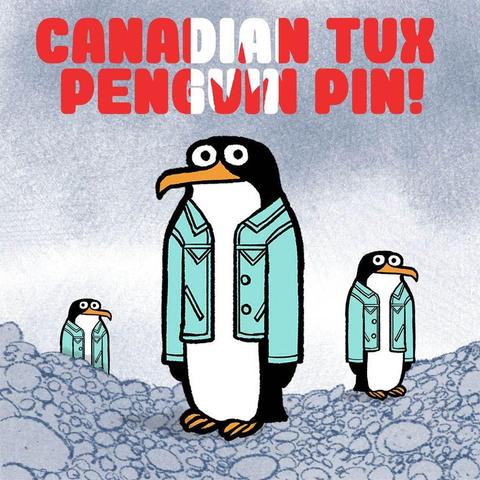 A cartoon illustration of a penguin wearing a denim jacket.