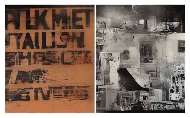 The image is divided into two sections. The left section features a textured surface with faded, bold letters in various sizes and orientations, predominantly in dark grey and black against a light brown background. The letters appear to be partially obscured, creating a layered effect. The right section displays a monochromatic, abstract composition with a range of gray tones. It includes fragmented shapes and textures that resemble a decayed or damaged surface, with areas that appear to be peeling or eroded. There are hints of architectural elements, such as windows and walls, interspersed with darker patches.