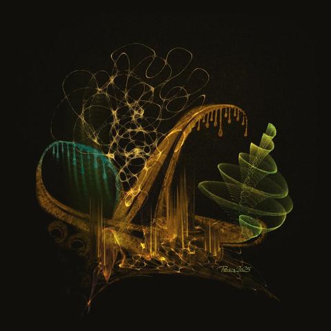 watercolour + pencil; dark brown background with an abstract image of an orange loop and upward curve, dipping down on the right; there are blue tinted drops on the inner edge of the loop, and drops falling from the upper part of the curve, a multi level funnel in faded green sits on the right, scribbled patches are in the middle top and lower ground.