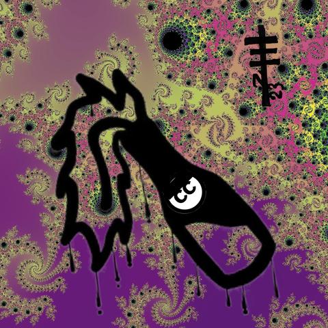 Digital collage with mandelbrot fractal from link as background. A molotov on fire is flying with a creative commons ninja logo on it.  A resistance international sigil is in the corner