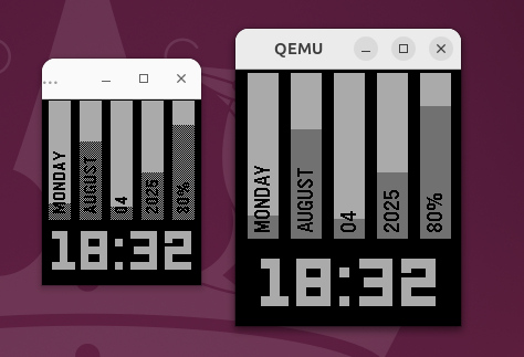 Two digital watchfaces running in emulators displayed side by side. The left screen, emulating Pebble 2 Duo, shows a smaller, lower-resolution display with pixelated vertical bars labeled "MONDAY," "AUGUST," "04," "2025," and "80%." The time "18:32" is shown in bold white digits at the bottom. The right screen, emulating the Pebble Time 2, displays a larger, higher-resolution version of the same interface, with smoother, more legible text and bars. The overall layout is identical, highlighting the difference in screen clarity and