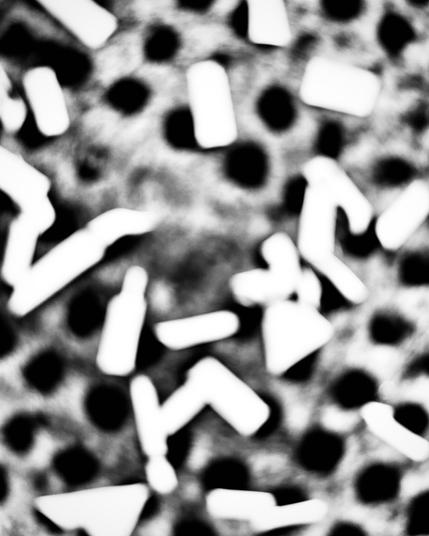 Abstract black and white pattern featuring scattered white geometric shapes on a textured dark background with spots.