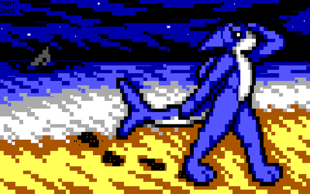 On a beach under a starry night sky, a scared blue orca person has stepped out of the water, shielding their eyes from the blinding lights of the city, leaving footprints in the sand that are washed away by the crashing waves. In the distance, an oil tanker sinks in the ocean, spilling its cargo into the sea.