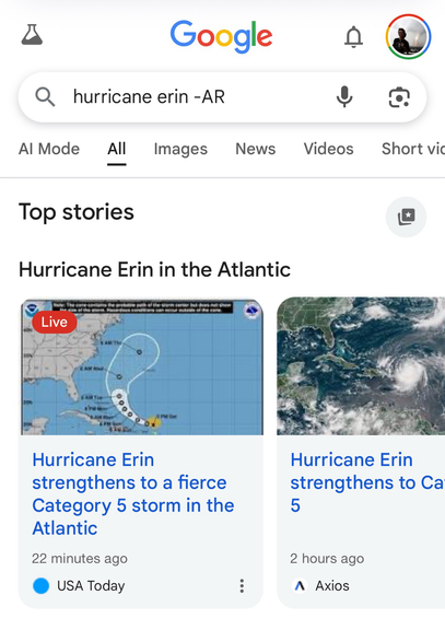 Screenshot of Google search result for “Hurricane Erin -AR”, showing no AI overview