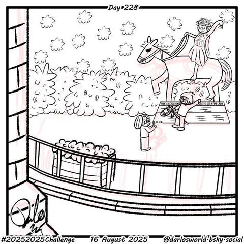 Drawing of Momma Darlo taking a photo of Darlo. He's riding a hobby horse in front of the statue of the "Fine Lady" at Banbury Cross. The text on the statue reads "Ride a cock horse to Banbury Cross to see a fine lady".