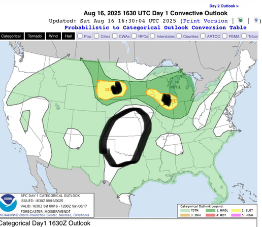 SPC day 1 outlook, which resembles a face with eyes and an open mouth that I’ve drawn on