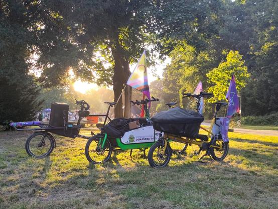 Drei Lastenräder mit bunten Fahnen im Sonnenuntergang auf einer Wiese