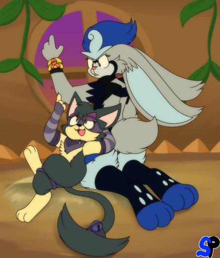 A scene depicting a Cinderace and a Purrloin. The Purrloin looks up to the Cinderace waving her paw in front of the Cinderace's forearm with a sneaky expression. The Cinderace looks down in annoyance while lifting up her arm.