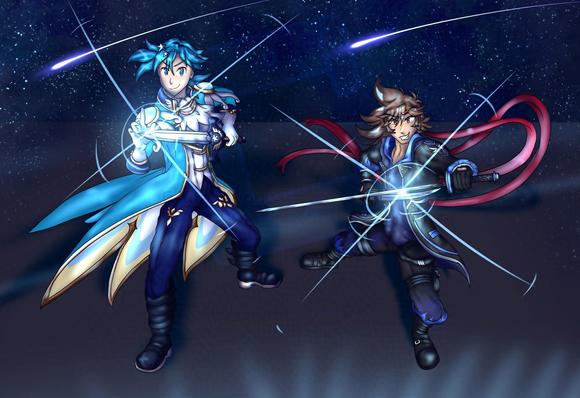 Orion and Gure looking confident as they have their swords out ready to team up together. The background being an almost glass-like flooring with the skybox being a blue space-like look.