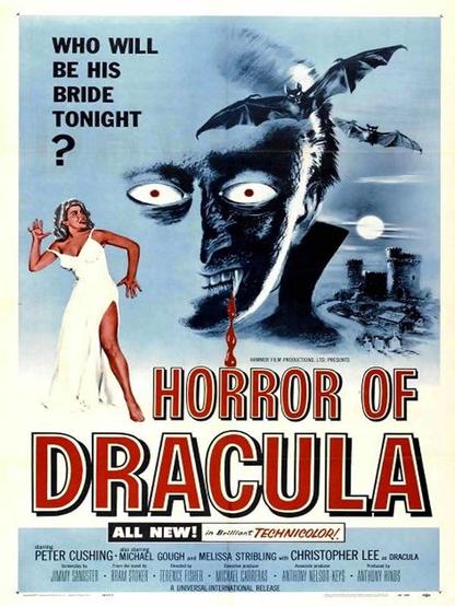 The poster from Horror of Dracula (1958) asks the question “WHO WILL BE HIS BRIDE TONIGHT?” and features a potential candidate in a white dress with her arms positioned like an Egyptian heiroglyphic symbol that translates loosely as “awkward blond woman is afraid”; looming behind her is an illustration of what can generously be described as “barely Christopher Lee”—but more accurately as “Mr. Burns with red eyes and fangs”