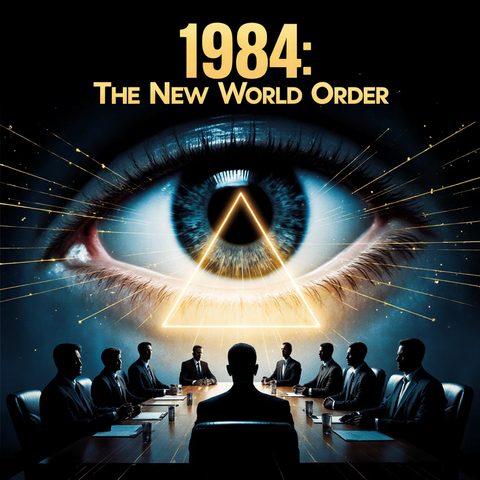 Un grupo de hombres en trajes oscuros se sienta alrededor de una mesa, bajo la mirada de un gran ojo simbolizado en el fondo, con un triángulo iluminado en el centro, representando conceptos de poder y conspiración.