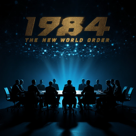 Reunión de figuras anónimas en una mesa con un fondo oscuro y luces azules, relacionado con el documental '1984: The New World Order'.