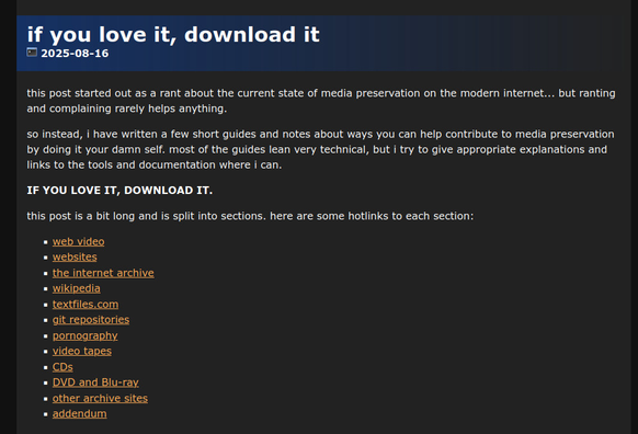 a screenshot of the top part of a blog post entitled "if you love it, download it" on the website erysdren.me