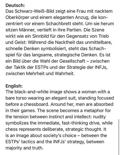 Deutsch:
Das Schwarz-Weiß-Bild zeigt eine Frau mit nacktem Oberkörper und einem eleganten Anzug, die konzentriert vor einem Schachbrett steht. Um sie herum sitzen Männer, vertieft in ihre Partien. Die Szene wirkt wie ein Sinnbild für den Gegensatz von Trieb und Geist: Während die Nacktheit das unmittelbare, schnelle Denken symbolisiert, steht das Schachspiel für das langsame, strategische Denken. Es ist ein Bild über die Wahl der Gesellschaft - zwischen der Taktik der ESTPs und der Strategie der INFJs, zwischen Mehrheit und Wahrheit.
English:
The black-and-white image shows a woman with a bare torso wearing an elegant suit, standing focused before a chessboard. Around her, men are absorbed in their games. The scene becomes a metaphor for the tension between instinct and intellect: nudity symbolizes the immediate, fast-thinking drive, while chess represents deliberate, strategic thought. It is an image about society's choice - between the ESTPs' tactics and the INFJs' strategy, between majority and truth.🖖