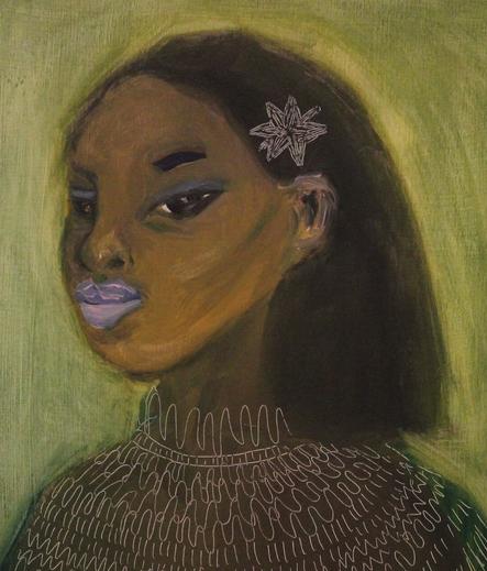 Öljymaalaus puulle, lähikuva "Puuttuvan sakaran tähden"
Oil painting on wood, close up picture, "Because of the missing star branch"

A girl looking in her thoughts somewhere far away, oil painting