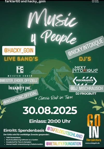 Flyer für Musikfest Music 4 people in Obergünzburg am 30ten August 2025 mit verschiedenen Musikgruppen