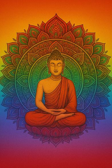 meditierender Buddha vor einer geöffneten Lotosblume in Regenbogenfarben