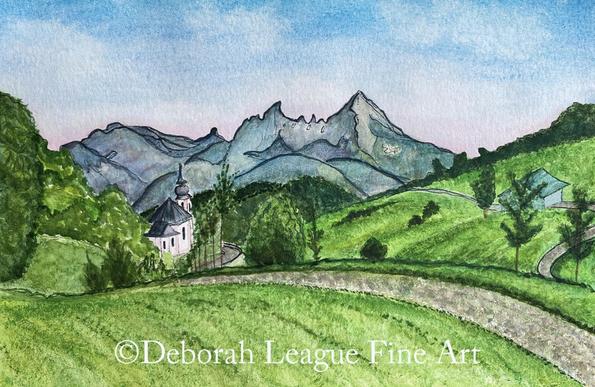 Watercolor landscape featuring one of the region’s most iconic landmarks—the historic church of Maria Gern, built in the 1700s. Nestled amidst the picturesque Bavarian Alps, the scene highlights the tranquil setting of the church, surrounded by rolling hills, lush greenery, and crystal-clear alpine streams. The painting reflects the timeless charm of Berchtesgaden, showcasing its unique blend of nature and architecture.

The pilgrimage church of Maria Gern, built in the early 1700s, is part of the Archdiocese of Munich and Freisling located in the National Park of Berchtesgadener Land, Bavaria, Germany. In the background is the Watzmann Massif mountain, the third highest in Germany, located in the Bavarian Alps.