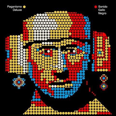 Sonido Gallo Negro – Paganismo Deluxe — Psychedelic pixel-art style cover featuring a mosaic portrait of an ancient Mesoamerican-inspired face created entirely out of vibrant colored dots (red, yellow, blue, and white) against a black background. The geometric, retro-futuristic aesthetic blends indigenous iconography with digital art patterns, evoking both cultural heritage and modern reinterpretation.