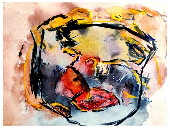 Das Bild zeigt eine abstrakte Darstellung eines Gesichts, gemalt in einem Expressionistischen Stil. Die Farben sind lebhaft und variieren von Rot und Gelb über Grau und Blau bis hin zu Braun und Orange. Die Gesichtszüge sind nicht realistisch dargestellt, sondern durch kräftige, schwarze Linien und fließende Farbblöcke geformt. Die Lippen sind in einem intensiven Rot gehalten und dominieren den Mittelteil des Bildes. Die Augen sind nicht direkt sichtbar, aber durch die Farbgebung und die Linien, die sie umgeben, suggeriert. Der Hintergrund ist weich und diffus, wodurch der Fokus auf dem Gesicht bleibt. Die Farben und Linien vermitteln eine emotionale und dynamische Atmosphäre.