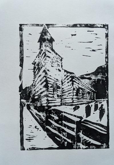 A black Linoleumprint of the church in Odda.
