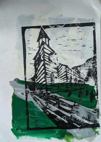 A black Linoleumprint of the church in Odda. Underneath Grey Paint, roughly in the area of the Sky, and Green Paint below the Horizon.