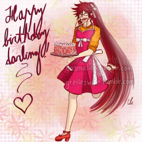 Digital fully rendered illustration of Grell Sutcliff from Black Butler. She is wearing a pink apron with white ribbons over an orange sweater and red shoes with tiny bows. Her hair is tied in a ponytail with a white ribbon. She is hopping and smiling cheerfully at the viewer while carrying a silver platter with a birthday cake with white cream and pink sprinkle. On the left side it says "Happy birthday darling!" in red cursive font with a doodle of a red heart. The background is white with pale pink dots and a pattern of light pink and yellow flowers.