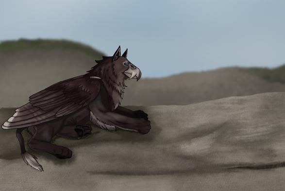 Hatzel, a saber-toothed tiger haast's eagle 'saberbeak' gryphon with saber-liked protrusions on her beak.