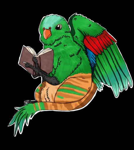 Kia, a red-shouldered parrot orange tabby cat opinicus holding a book in her talons. She's painted green stripes on her tabby half so it matches her parrot half.