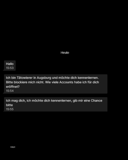 Screenshot eines Chatverlaufs. Darunter drei Nachrichten von einer unbekannten Person:

„Hallo“.

„Ich bin Tätowierer in Augsburg und möchte dich kennenlernen. Bitte blockiere mich nicht. Wie viele Accounts habe ich für dich eröffnet?“.

„Ich mag dich, ich möchte dich kennenlernen, gib mir eine Chance bitte“.
