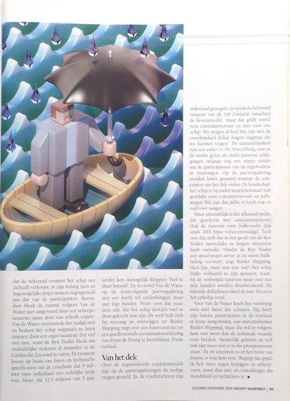 Page of the Dutch SQ magazine, featuring a stylized 3D illustration, showing a figure standing in a small boat in the sea, while rain is starting to fill the boat with water.