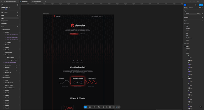 figma app with a canvas that has a long landing page design inside. it's a black page with a masthead featuring the clawdio logo, a description of the library, and 2 button. behind it is a background with vertical waveform lines repeating horizontally, going from a gray sine wave to a red higher frequency squared off wave. underneath is a section titled what is clawdio with an infographic.