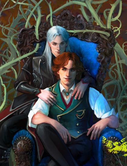 Book cover art for the MM novel by J.E. Ridge.  "The Prince and his stolen Throne". 
A man with red hair,  finely dressed, sits on a gorgeous throne   adorned with throned vines. Another man  with silvery white hair dressed in dark magician line clothes sits on the handle of a throne and leans on the shoulders of the redhead in a possessive gesture. 
The background is the cursed autumn mystical forest. 
A closeup crop of the cover art focusing on the characters.